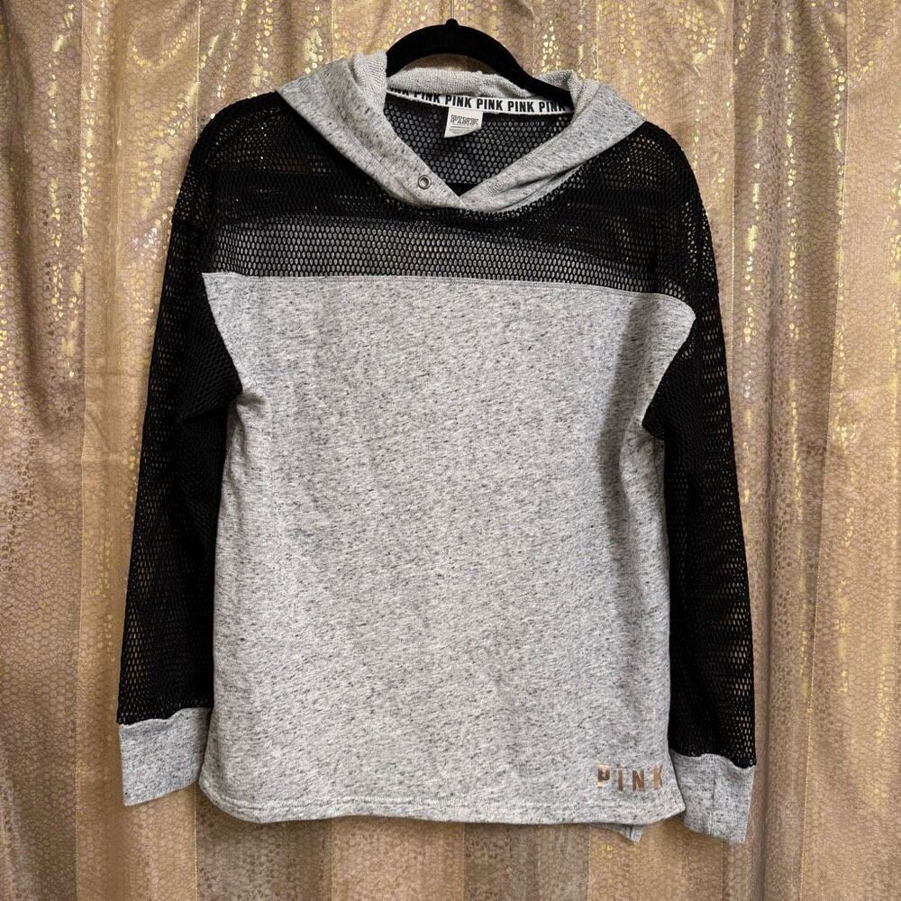 PINK Victorias Secret Black Gray Fishnet Mesh Long Sleeve Top‎ Sweater Hoodie XS